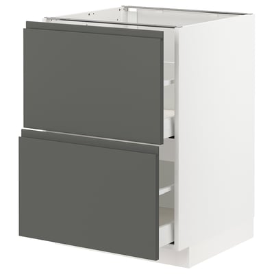 Modern METOD kitchen unit with dark grey drawers and white frame, sleek design.