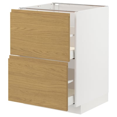 A METOD kitchen cabinet with a white and light wood design. It two drawers with integrated handles.