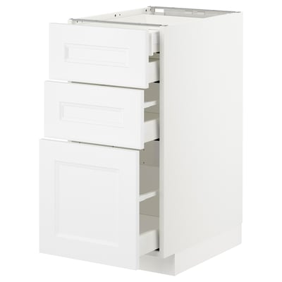 A white METOD kitchen cabinet with three drawers, modern design, particleboard and steel, upright rectangle.