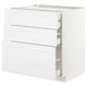 White METOD kitchen cabinet with three open drawers, modern design.