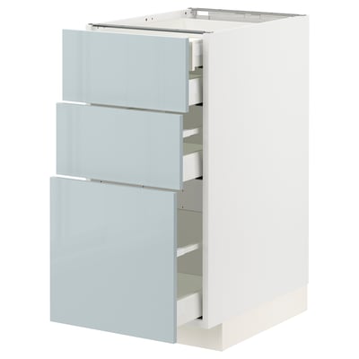 METOD kitchen cabinet, grey-blue high-gloss, 3-drawer, modern design.