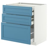 Blue METOD 3-drawer cabinet, partially open, white background.