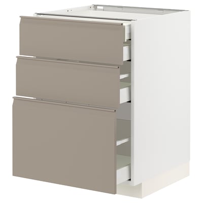 Modern kitchen cabinet with three light brown drawers, sleek handles, and a white body.