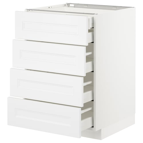 An all-white ikea METOD kitchen storage unit with multiple drawers. It a sleek, modern design with smooth self-closing drawers.
