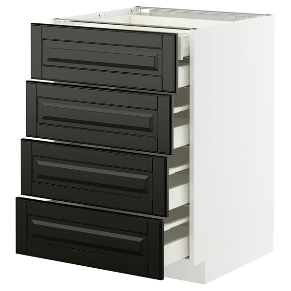 Modern white METOD kitchen cabinet with black bodbyn drawers and beveled edges.