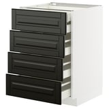 Modern white METOD kitchen cabinet with black bodbyn drawers and beveled edges.