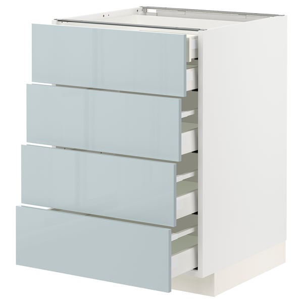 Modern kitchen unit, white, 4 light blue drawers, glossy finish, sleek design.