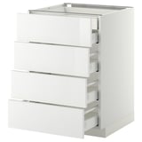 White METOD kitchen unit with four drawers, glossy finish, rectangular shape.