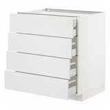 White METOD kitchen unit with four drawers, flat panel design, durable particleboard and fiberboard construction.