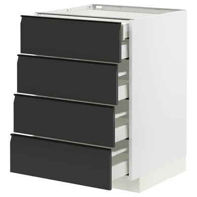 Modern black drawer unit in kitchen cabinet with sleek design and soft-closing drawers.