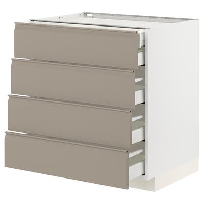 A modern kitchen cabinet named METOD with four grey-beige drawers featuring integrated handles and a sleek, chamfered edge design.