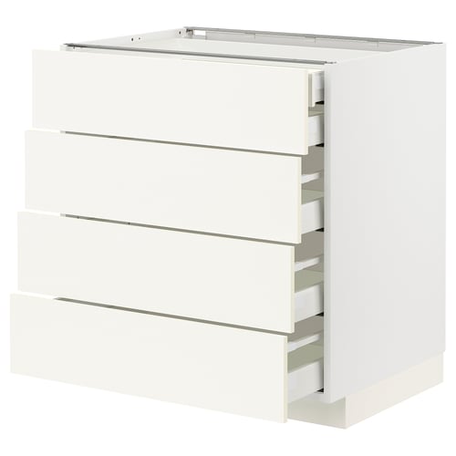 White ikea METOD kitchen unit with multiple pull-out drawers for storage.
