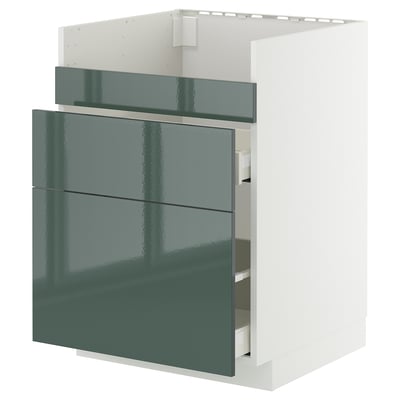 Modern kitchen cabinet in glossy grey-green with three drawers, sleek design, smooth drawers.