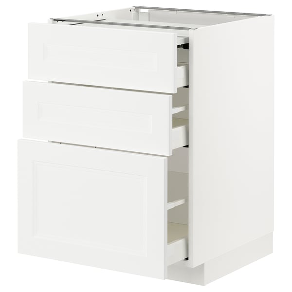 White METOD kitchen cabinet with three drawers and pull-out work surface.