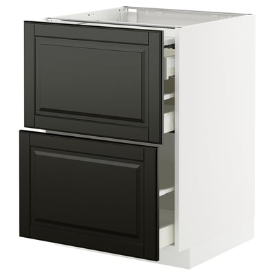 Black and white kitchen cabinet with two drawers and a pull-out shelf for maximum storage.