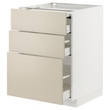 A white METOD kitchen cabinet with beige drawers. It three self-closing drawers and a pull-out work surface. The frame is sturdy and modern.