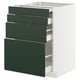 Modern kitchen unit with four green drawers, white body, clean lines.