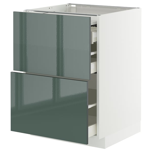 Modern kitchen cabinet in high-gloss grey-green with two open drawers on white base.
