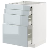 White kitchen cabinet with multiple grey-blue drawers, modern design.