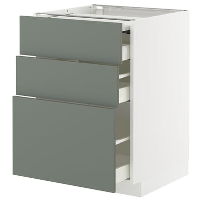Modern grey-green kitchen cabinet, three drawers with slow-close feature.