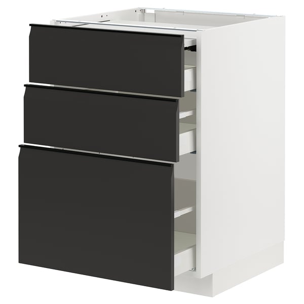 Modern kitchen unit, white with black drawers, sleek handles, three drawers, square shape.