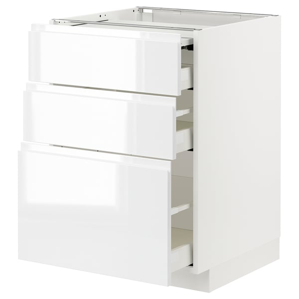 A white, modern kitchen cabinet with three drawers by ikea. It a high gloss finish and integrated handles, ideal for storing kitchen essentials.