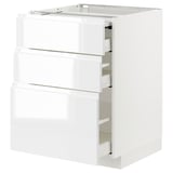 A white, modern kitchen cabinet with three drawers by ikea. It a high gloss finish and integrated handles, ideal for storing kitchen essentials.