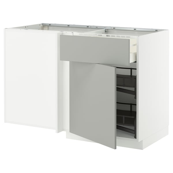 A white METOD kitchen cabinet with a light grey havstorp front. It a modern design with a pull-out fitting for storage access.