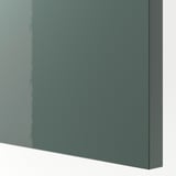 High-gloss grey-green kitchen cabinet detail. Shows sleek, modern finish and sturdy build quality.