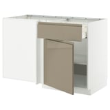 Modern kitchen cabinet with glossy finish, beige drawer and sleek handles.