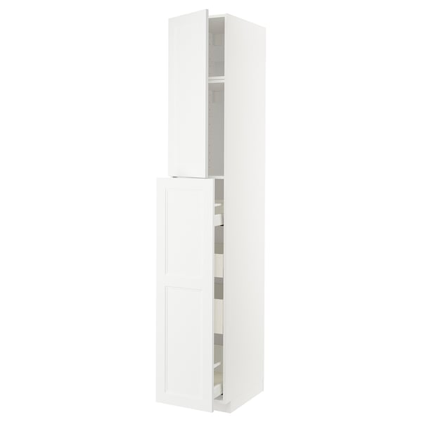 White ikea METOD kitchen cabinet with integrated shelves.