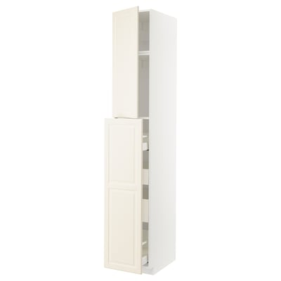 A white ikea METOD kitchen cabinet with bodbyn off-white fronts, featuring bevelled edges.