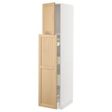 A white METOD kitchen cabinet with oak wooden doors, three open shelves, and a drawer. The design is modern and classic.