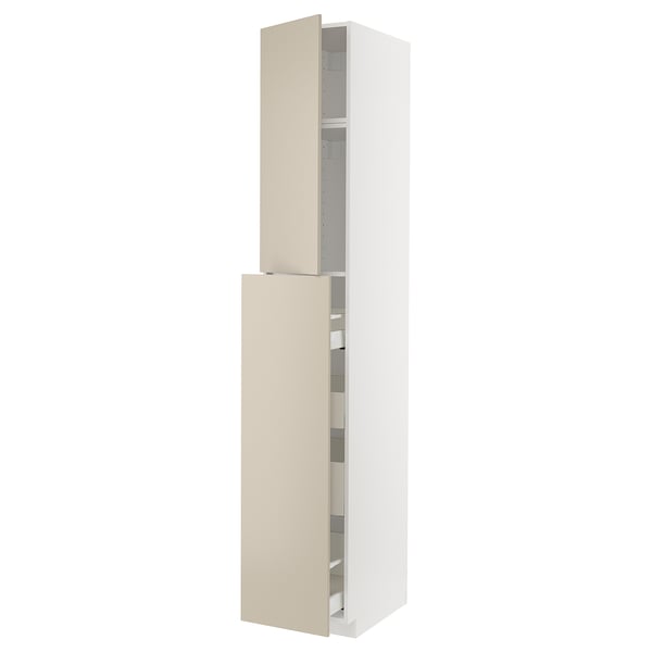 A beige METOD kitchen cabinet with multiple shelves and drawers. It a clean, modern design with smooth surfaces and a 25-year guarantee.