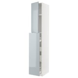 Modern white and grey-blue high gloss cabinet from METOD kitchen system. Tall with multiple drawers and shelves.