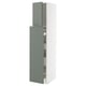 Tall white kitchen cabinet with grey-green drawers and doors, modern design.