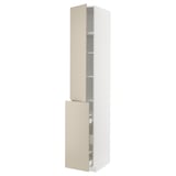 Modern kitchen cabinet in beige, tall with open shelves and drawers.