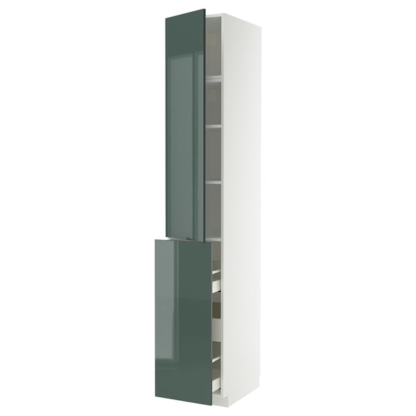 Modular kitchen unit with high gloss greenish-grey doors, two shelves, and drawers.