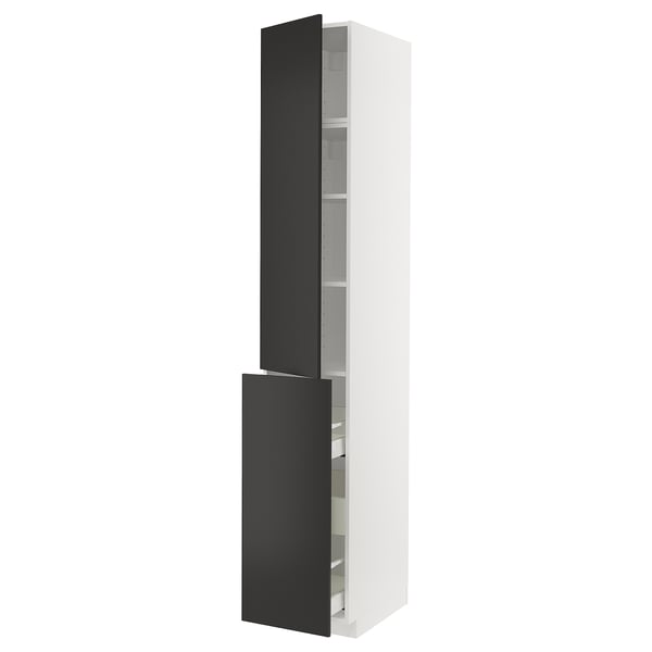 A METOD kitchen cabinet in white with matt black nickebo fronts, featuring adjustable shelves and soft-closing drawers.