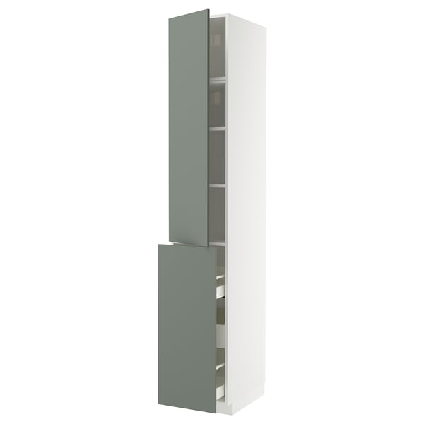 METOD kitchen cabinet. Tall, white with greenish-gray doors. Modern, sleek design with drawers and shelves.