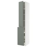 METOD kitchen cabinet. Tall, white with greenish-gray doors. Modern, sleek design with drawers and shelves.
