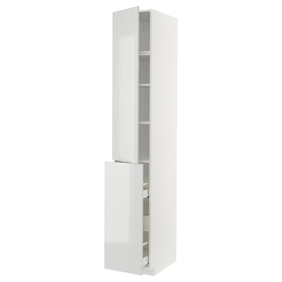 A tall white cabinet with high-gloss finish and integrated shelves, designed for modern kitchens.