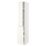 White METOD kitchen cabinet with vallstena fronts; tall, rectangular, and modern design, featuring adjustable shelves and soft-closing drawers.