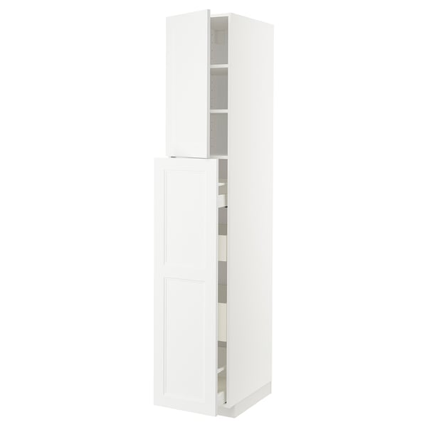 A white ikea METOD kitchen storage unit with open doors and shelves.