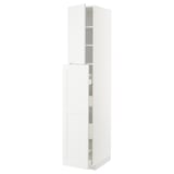 A white ikea METOD kitchen storage unit with open doors and shelves.