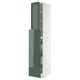 Modern tall kitchen cabinet with high-gloss grey-green doors, white frame.