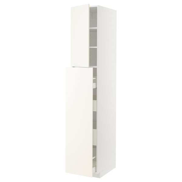 A white METOD kitchen cabinet with multiple shelves and drawers.