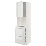 Modern white kitchen unit with high gloss finish, featuring drawers and shelves, part of ikeas METOD line.