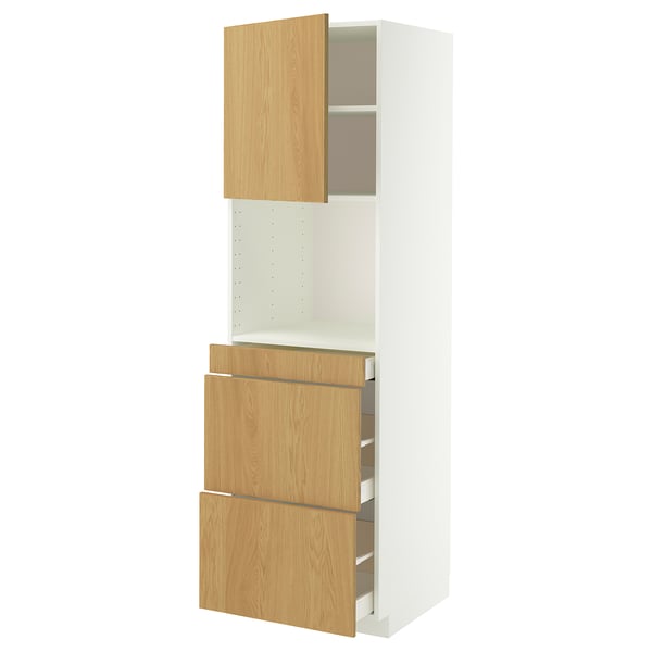 METOD / MAXIMERA Hi cab f micro combi w door/3 drwrs, white/Sinarp oak veneer, 60x60x200 cm