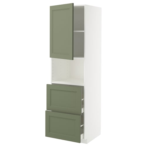 METOD kitchen unit with greenish-gray doors, white frame, top shelf, two drawers.